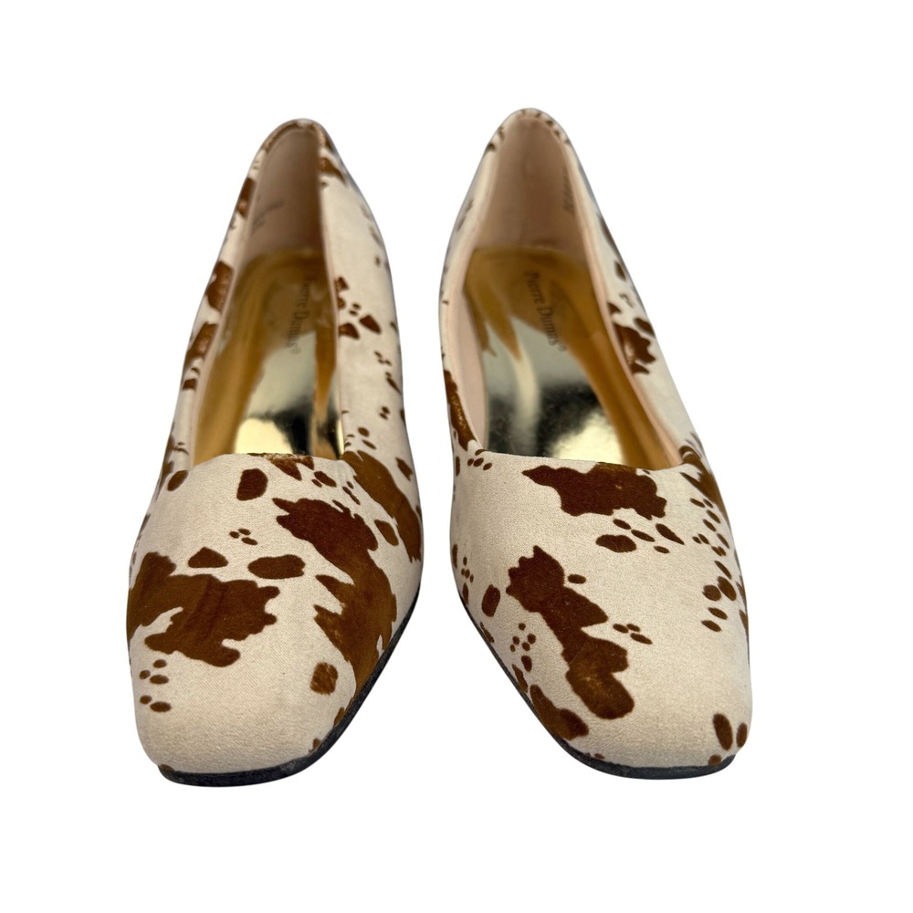 Pierre Dumas Cow Print Mid Heel‎ Pumps Size 9M Brown White Western Retro Shoes - Picture 2 of 9